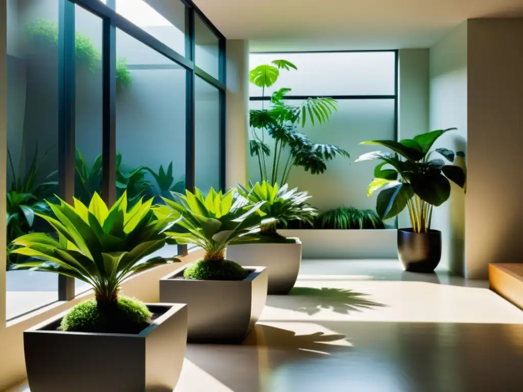 Un jardín interior sereno con plantas exuberantes en elegantes macetas