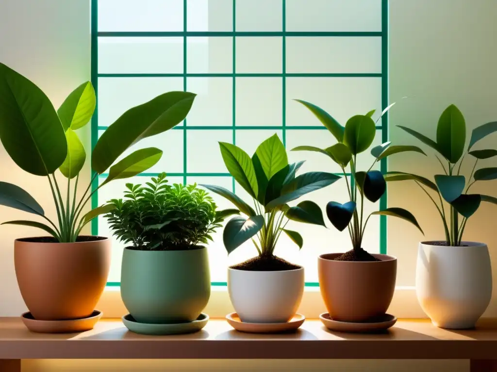 Un jardín interior sereno con plantas de interior heredadas en elegantes macetas, bañado por la luz del sol y sombras suaves