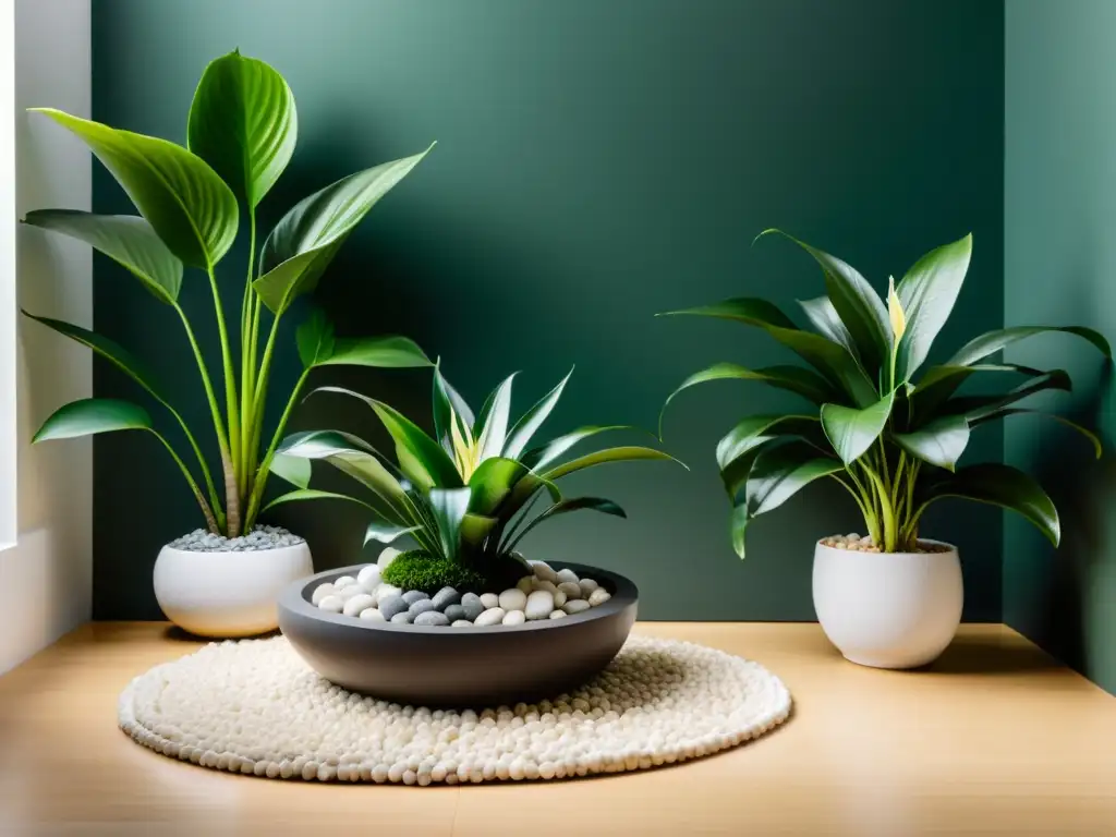 Un jardín interior sereno con plantas de interior para penumbra en un estilo zen japonés, rodeado de suaves guijarros blancos