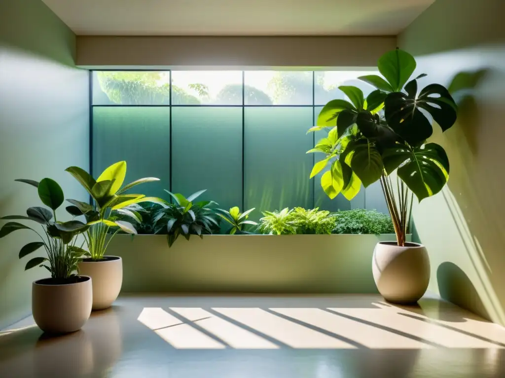 Un jardín interior sereno con plantas de interior para vacaciones, bañado por la luz del sol que crea patrones de sombras