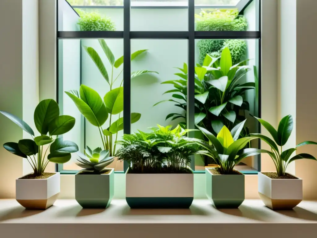 Un jardín interior sereno con plantas en macetas geométricas bañadas en luz natural