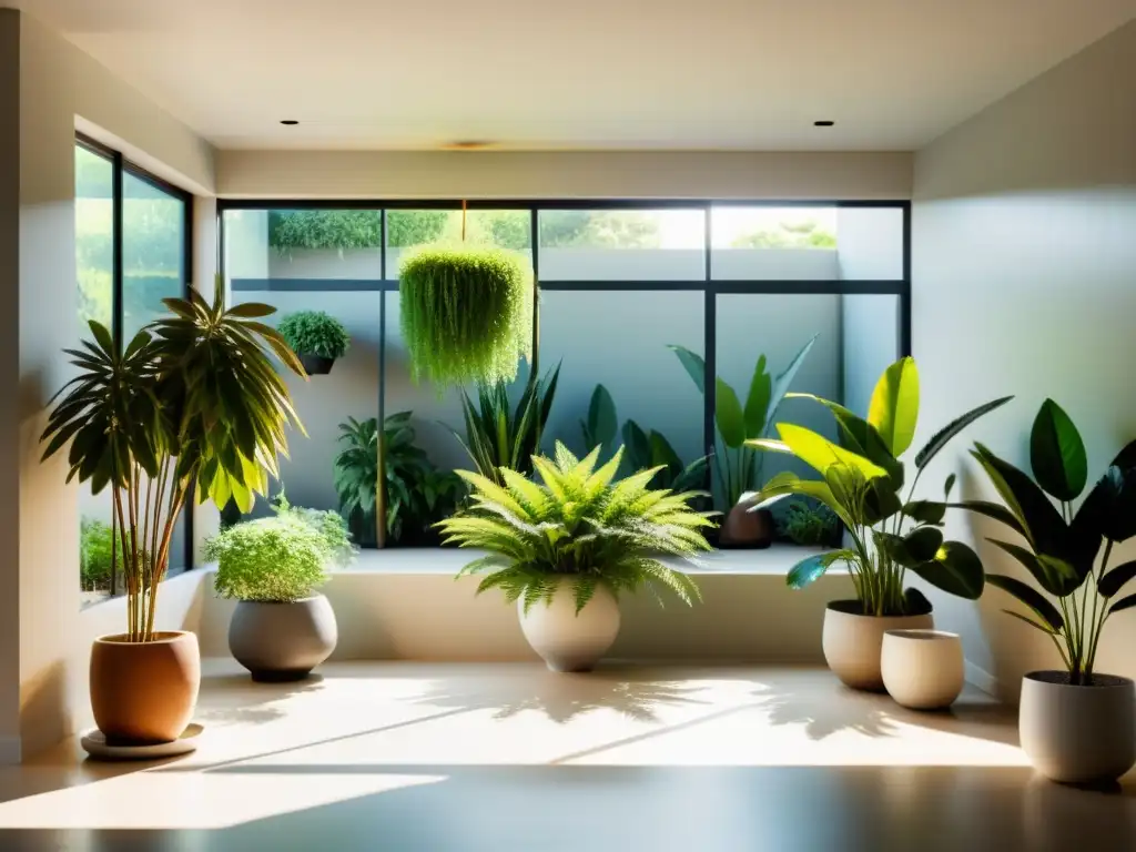 Un jardín interior sereno con plantas en macetas en un espacio iluminado por el sol