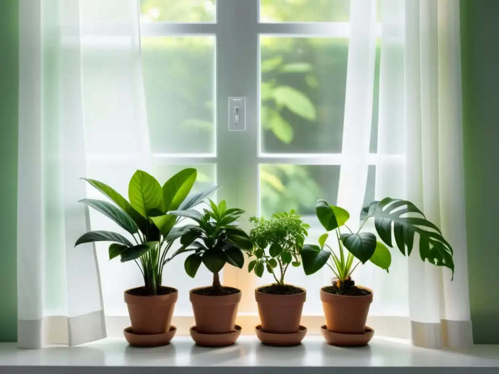 Un jardín interior sereno con plantas en macetas, luz natural y tranquilidad