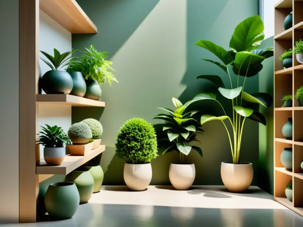 Un jardín interior sereno, con plantas en macetas geométricas, luz natural y ambiente calmado, ideal para las tendencias cuidado plantas de interior