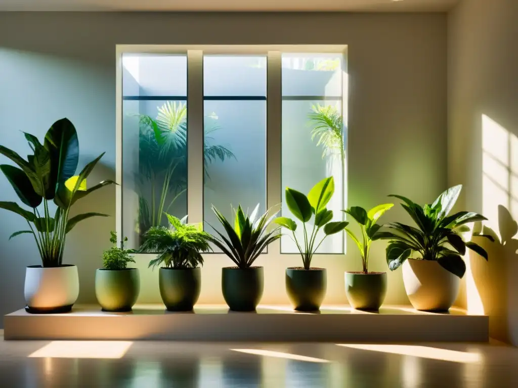 Jardín interior sereno con plantas en macetas minimalistas, iluminado por luz natural