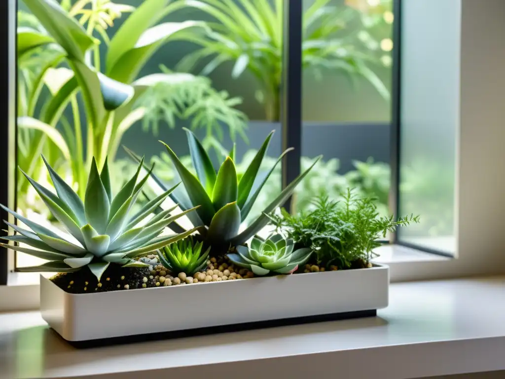 Un jardín interior sereno con plantas medicinales como aloe vera, lavanda y manzanilla