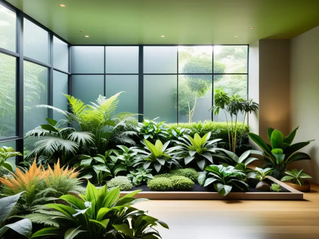 Jardín interior sereno con plantas nativas en armonía, iluminado por luz natural