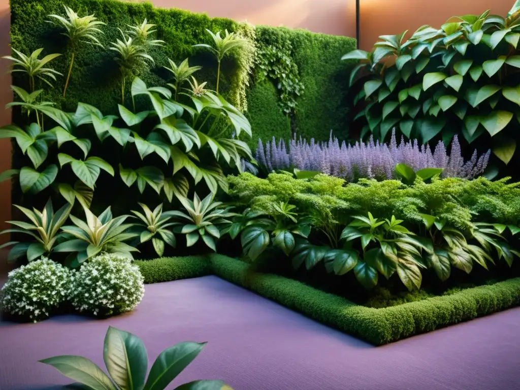 Jardín interior sereno con plantas de texturas y aromas vibrantes, creando una atmósfera de calma y belleza