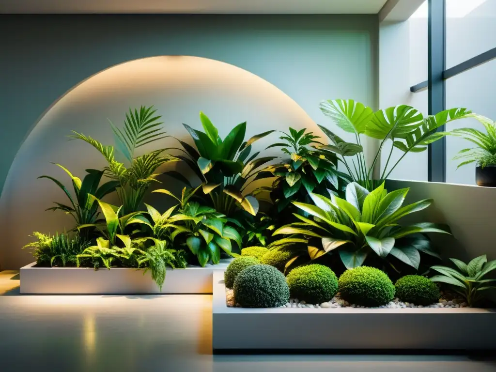 Un jardín interior sereno con plantas verdes exuberantes en un entorno moderno, iluminado suavemente