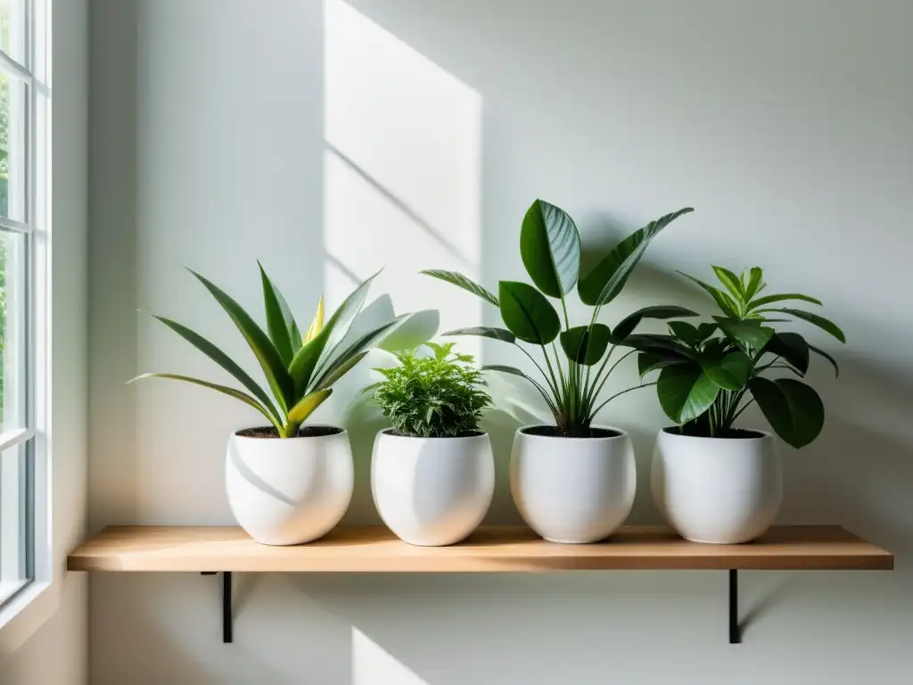 Jardín interior sereno con plantas verdes en macetas blancas, evocando tranquilidad