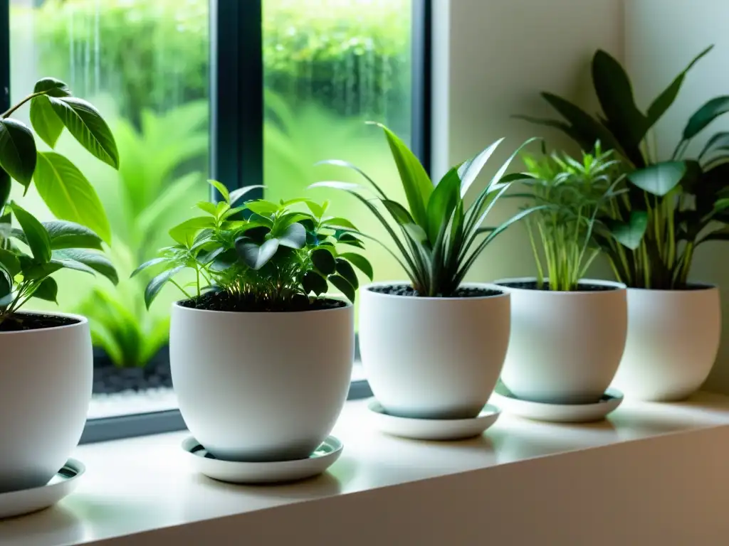 Un jardín interior sereno con plantas verdes en macetas blancas