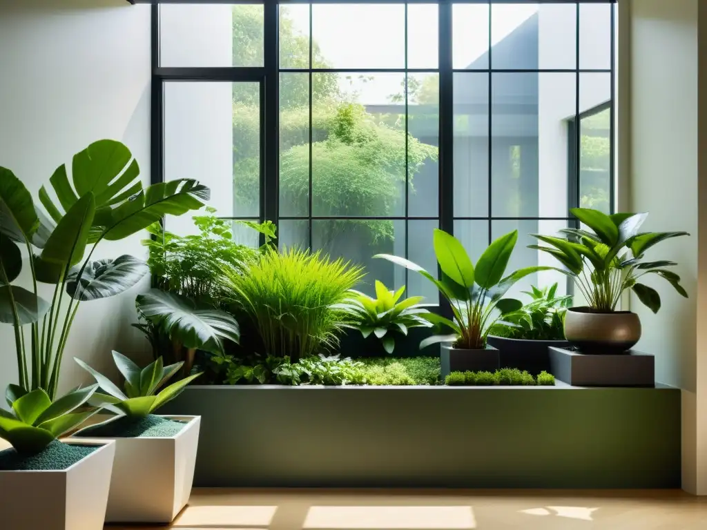 Un jardín interior sereno con plantas verdes en macetas modernas, iluminado por luz natural, evocando tranquilidad y cuidado de plantas en el hogar