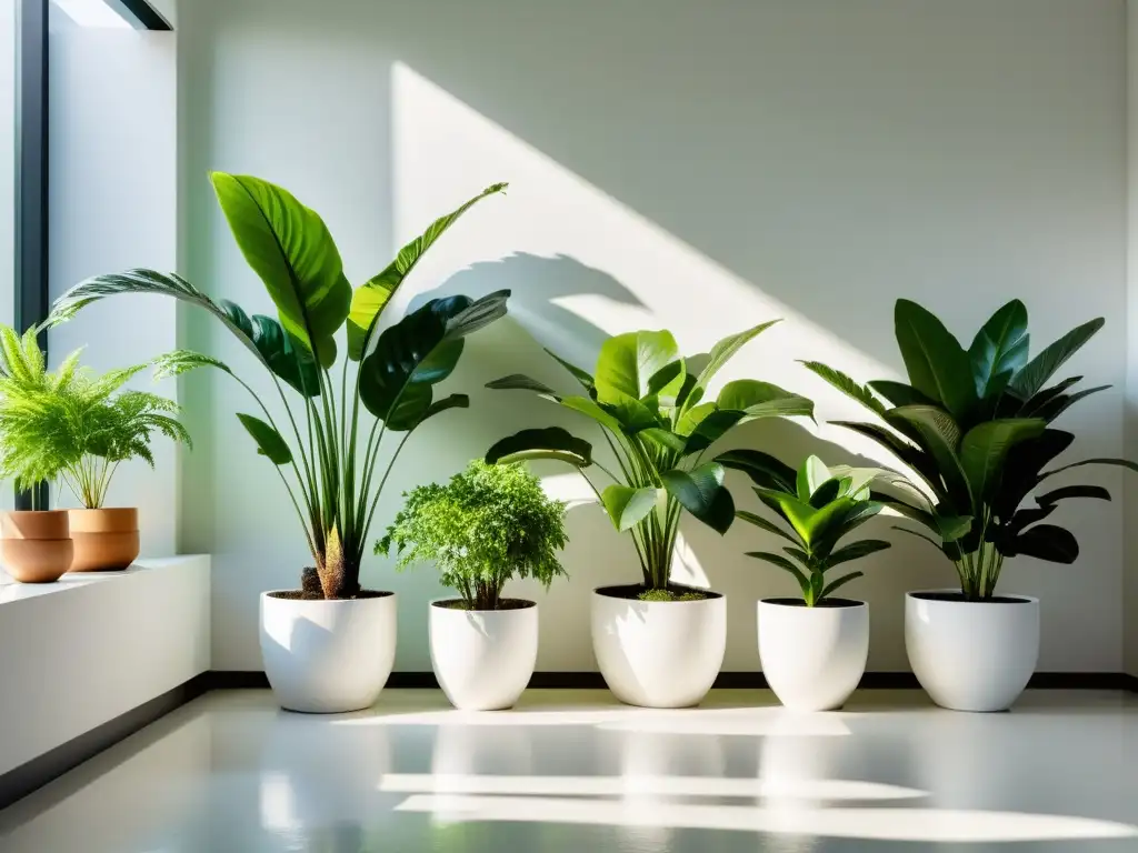 Un jardín interior sereno con plantas verdes exuberantes en macetas blancas minimalistas, iluminado por la luz solar filtrada