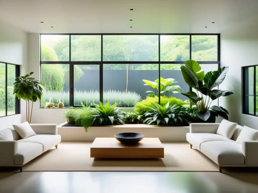 Un jardín interior sereno con plantas verdes en un salón moderno, creando un ambiente tranquilo