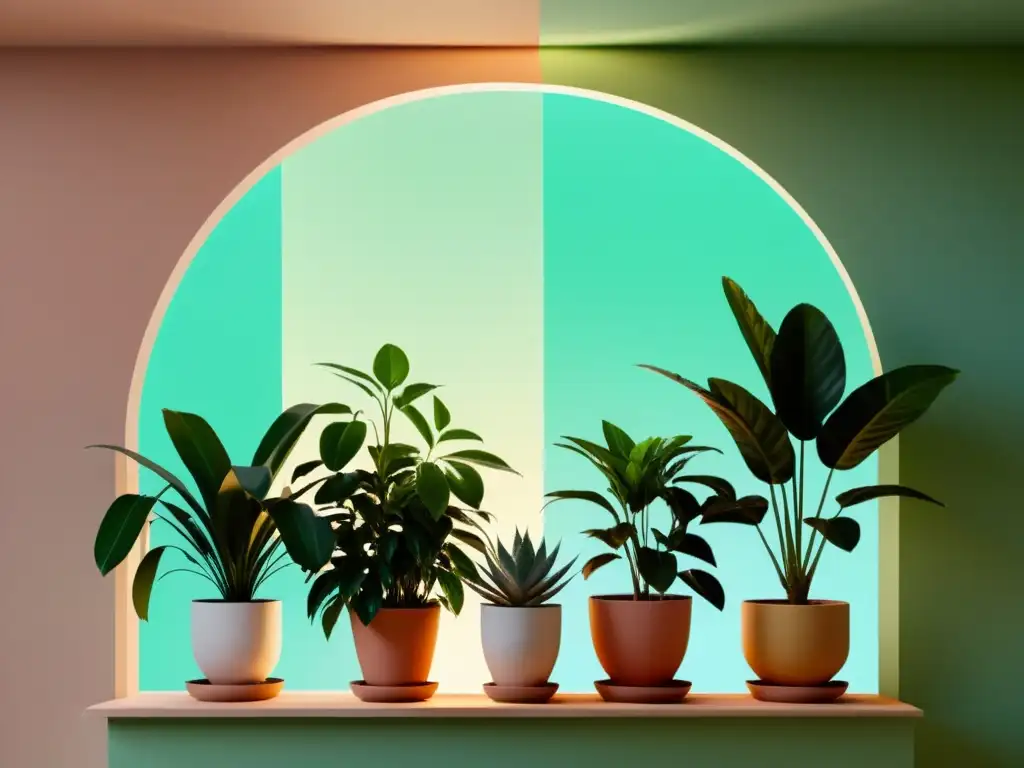 Un jardín interior sereno con plantas en vibrantes colores, fondo de paredes pastel