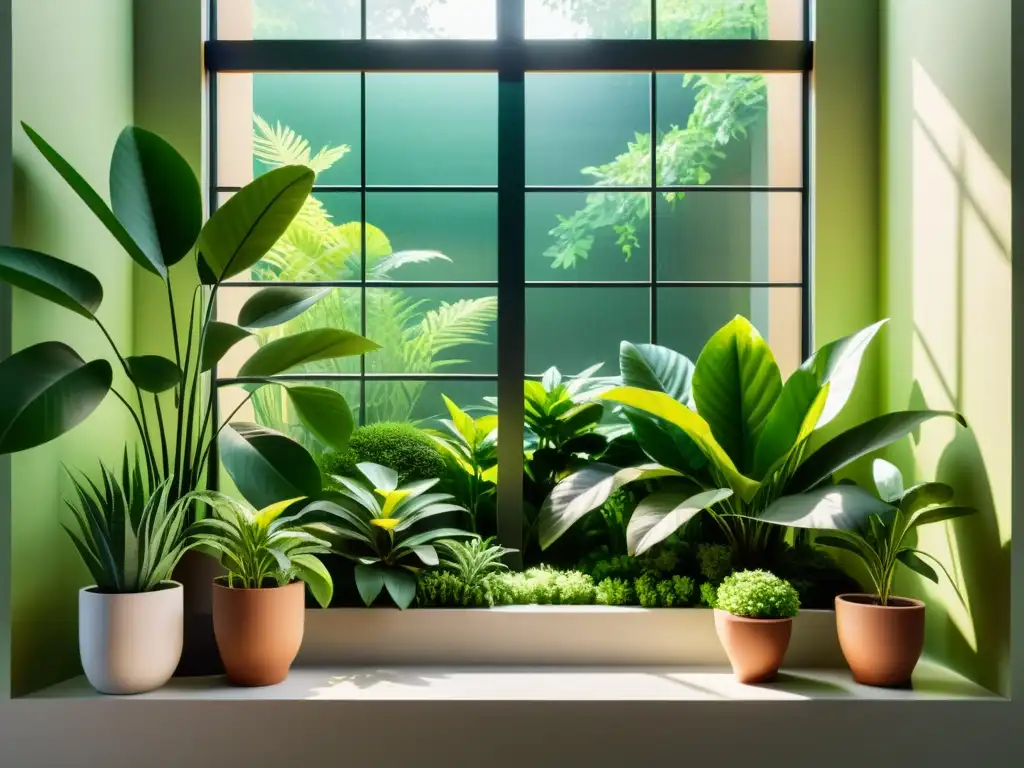 Jardín interior sereno con plantas vibrantes bañadas por la luz solar