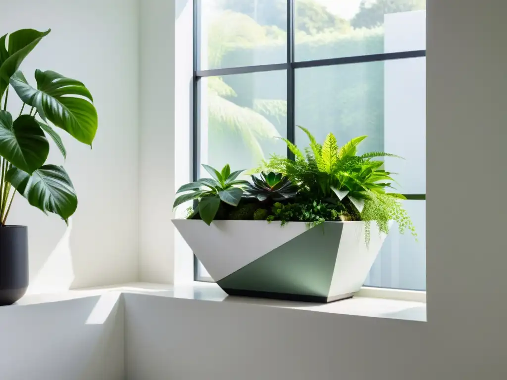 Un jardín interior sereno con variedad de plantas verdes en un moderno macetero geométrico cerca de una ventana, creando armonía