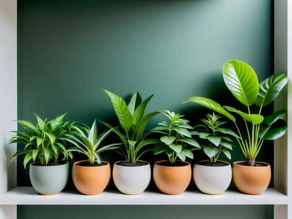 Un jardín interior sereno con variedad de plantas verdes en macetas modernas