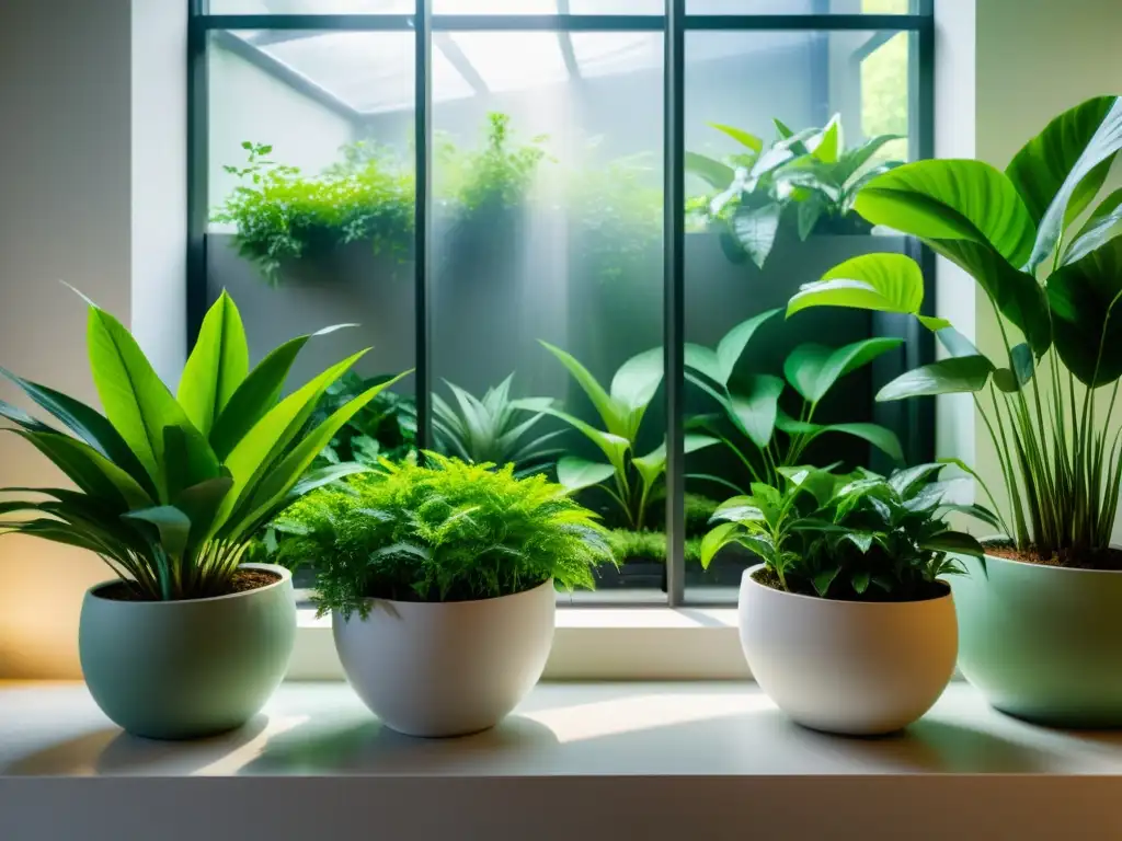 Un jardín interior sereno y vibrante, con plantas exuberantes y delicada humedad en el aire