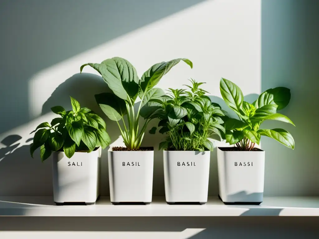 Un jardín interior soleado con hierbas medicinales cultivadas en macetas modernas, bañado por una suave luz natural