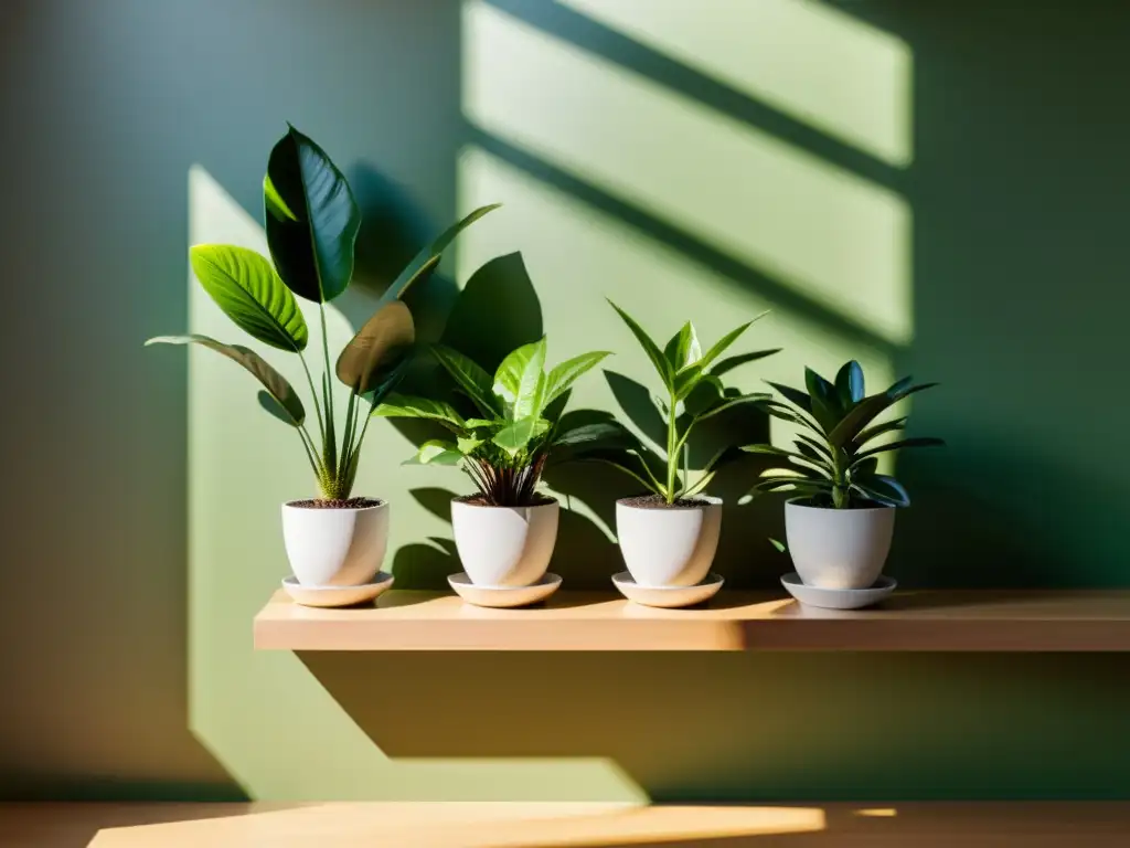 Interior soleado con plantas en estantería moderna, ideal para leer sobre fotosíntesis y plantas