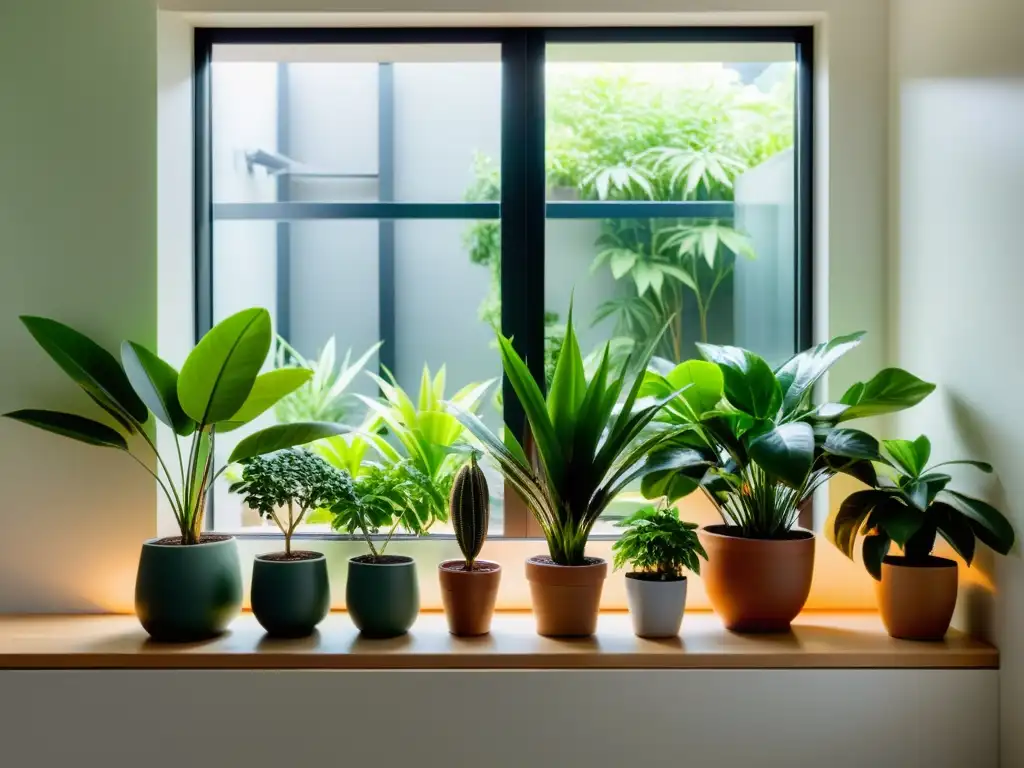 Un jardín interior tranquilo y armonioso con plantas de interior para Feng Shui, iluminado suavemente por la luz natural