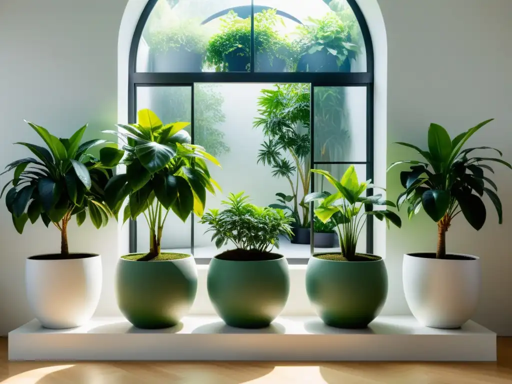 Un jardín interior tranquilo y elegante con plantas exuberantes en macetas minimalistas, bañado por luz natural