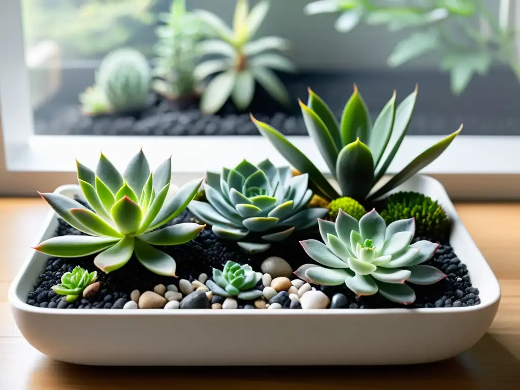 Un jardín interior tranquilo con plantas en macetas blancas, un rastrillo de jardín zen y luz suave