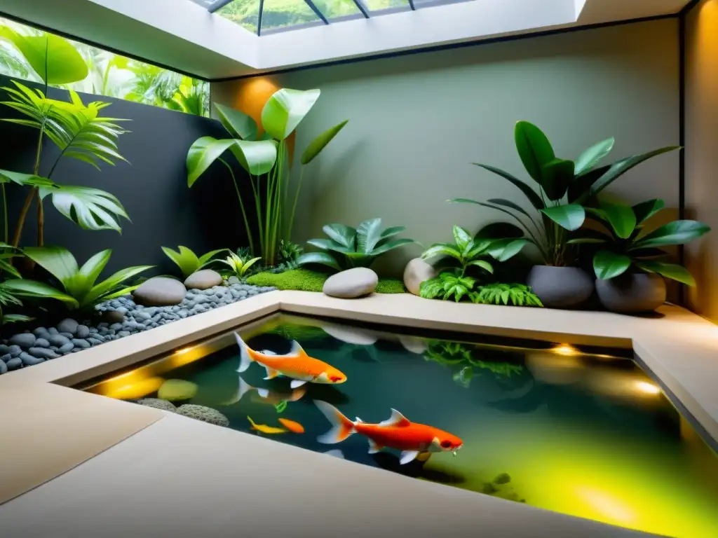 Jardín interior tropical sereno con vegetación exuberante y un estanque de peces koi, evocando calma y tranquilidad