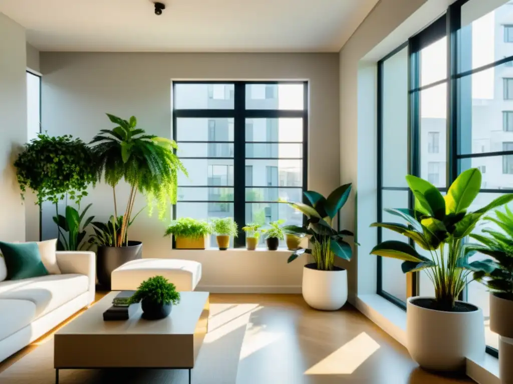 Interior urbano minimalista con plantas estratégicamente ubicadas, reduciendo el ruido urbano con su exuberante verdor y atmósfera serena