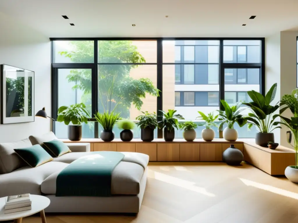 Interior urbano con plantas cuidadas en moderno apartamento, integrando naturaleza en la decoración