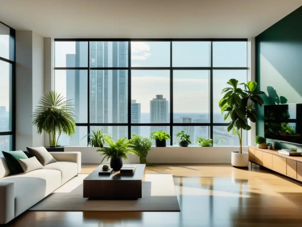 Interior urbano con plantas de interior para combatir la contaminación urbana, decoración moderna y luz natural en un apartamento minimalista de 8k