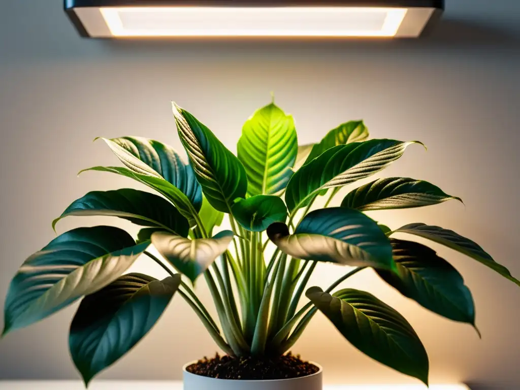 Planta interior verde bajo espectro de luz ideal, resaltando su belleza natural y condiciones óptimas de crecimiento