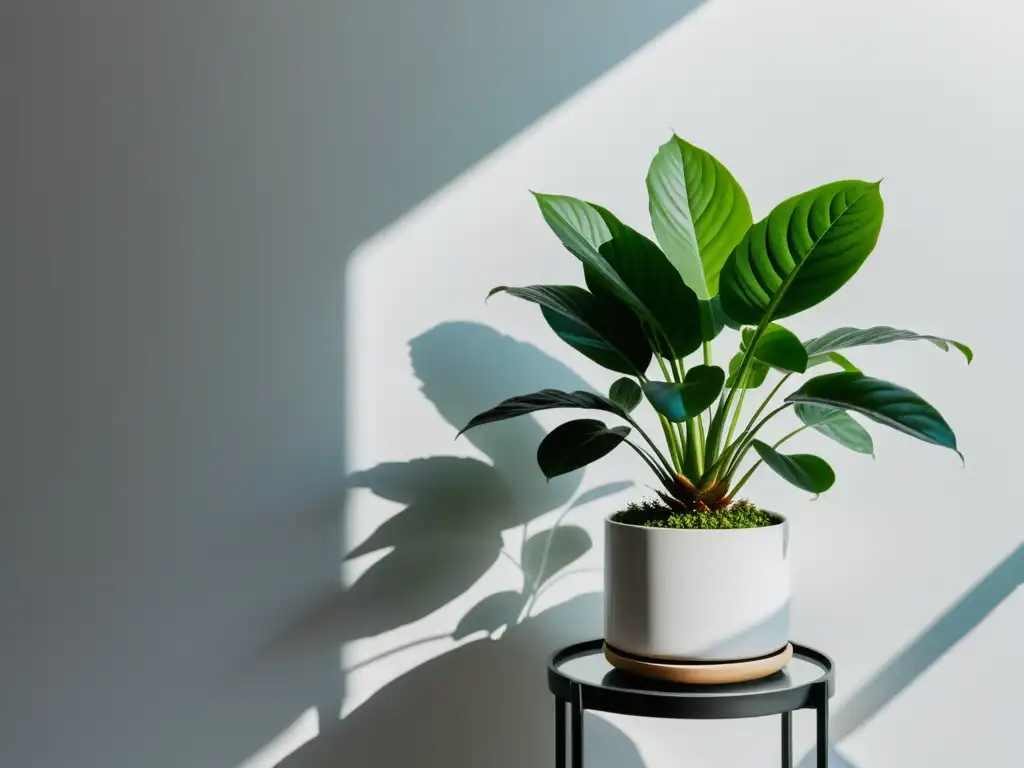 Planta interior verde y saludable en soporte moderno, iluminada por luz natural