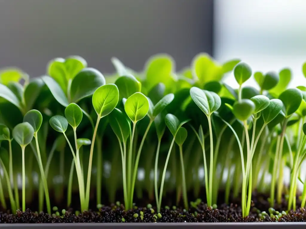 Microgreens frescos: detalle en verde vibrante Cultivar microgreens en interiores: Detalle de brotes verdes en un moderno semillero, con hojas perfectamente formadas y gotas de agua
