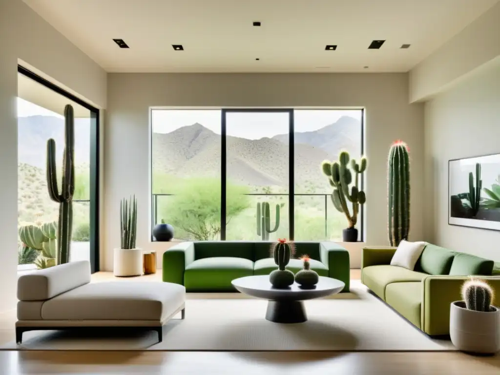 Diseño de interiores con cactus exóticos: Sala moderna inundada de luz natural, muebles minimalistas y toques verdes de cactus