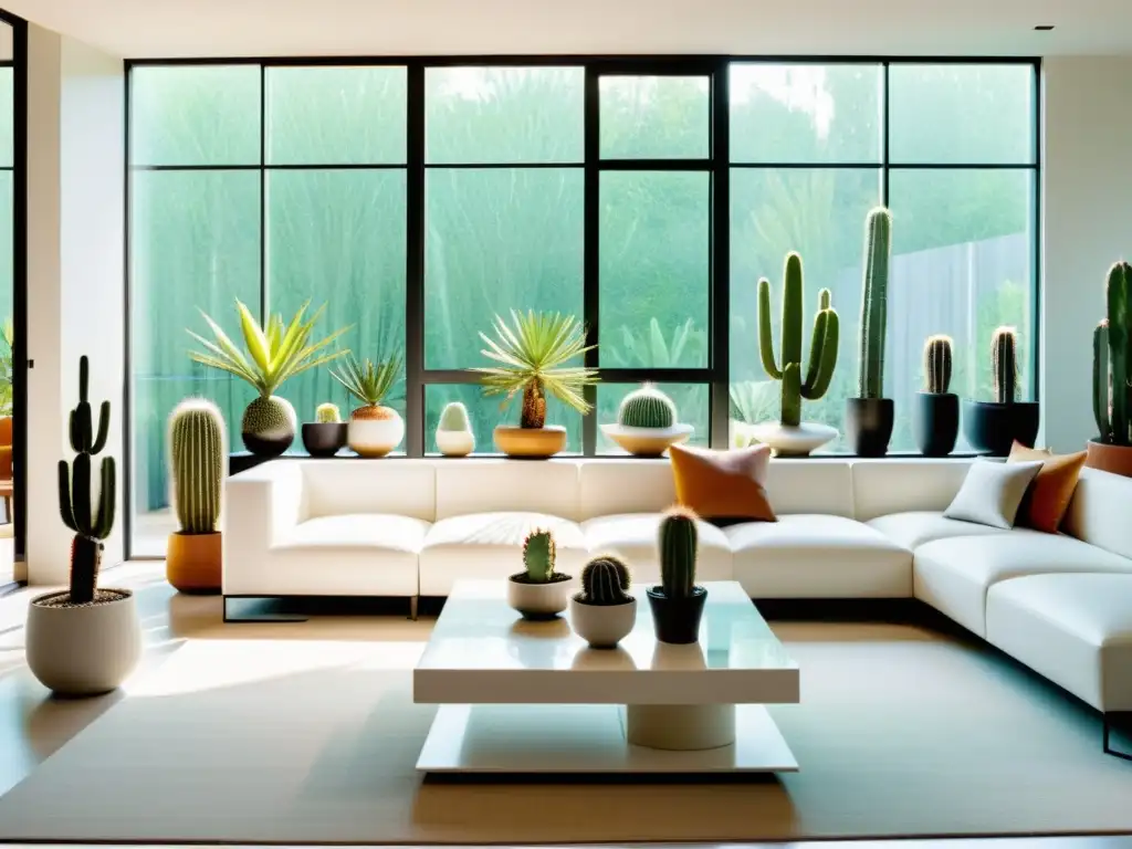 Diseño de interiores con cactus exóticos en una sala moderna y luminosa con ventanales de piso a techo