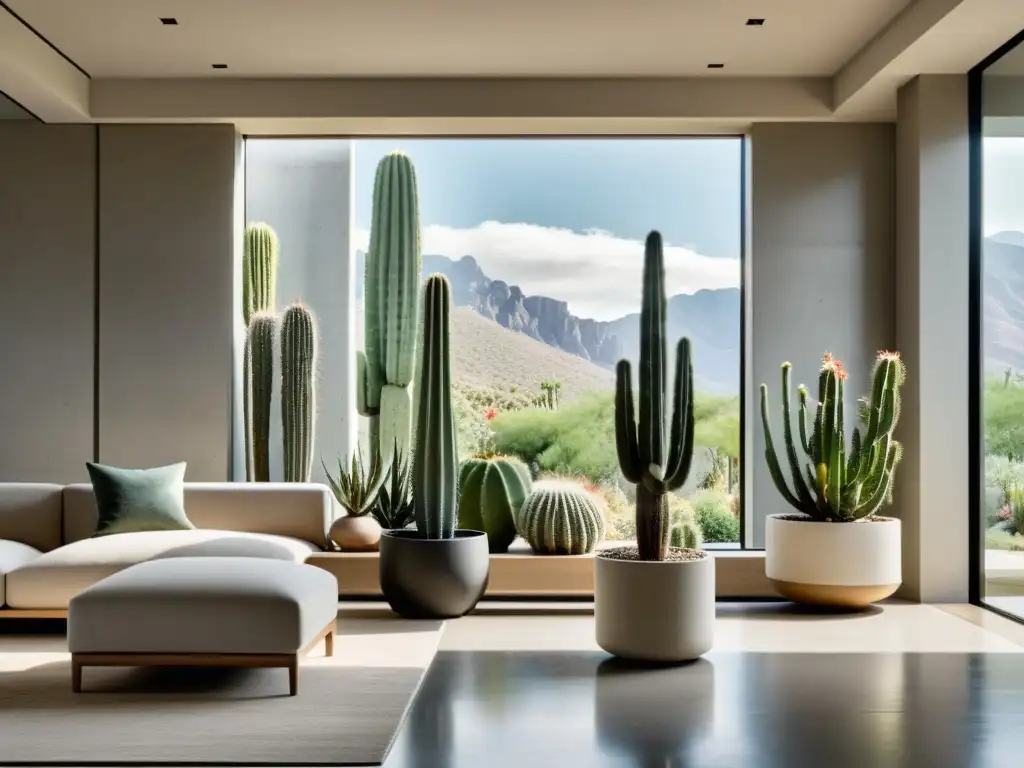 Diseño de interiores con cactus exóticos: un salón moderno con un gran macetero de concreto lleno de cactus, iluminado por luz natural