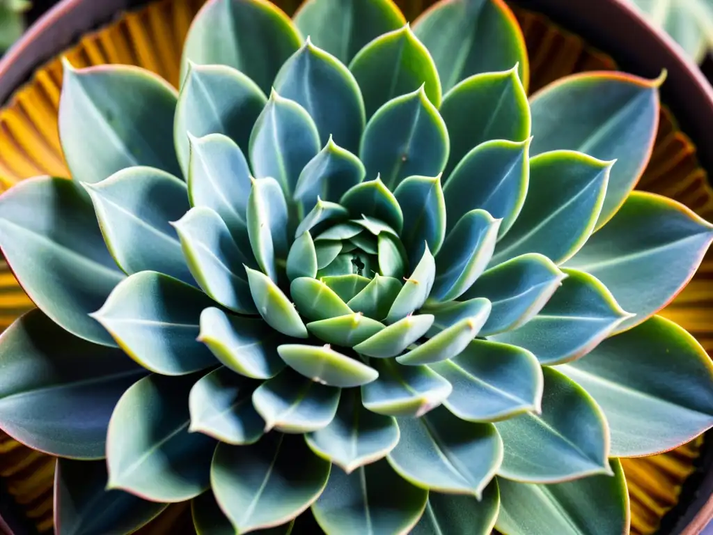 Diseño intrínseco de plantas de interior: Detalle de patrones simétricos y texturas en una suculenta, con gotas de agua y una estética calmante