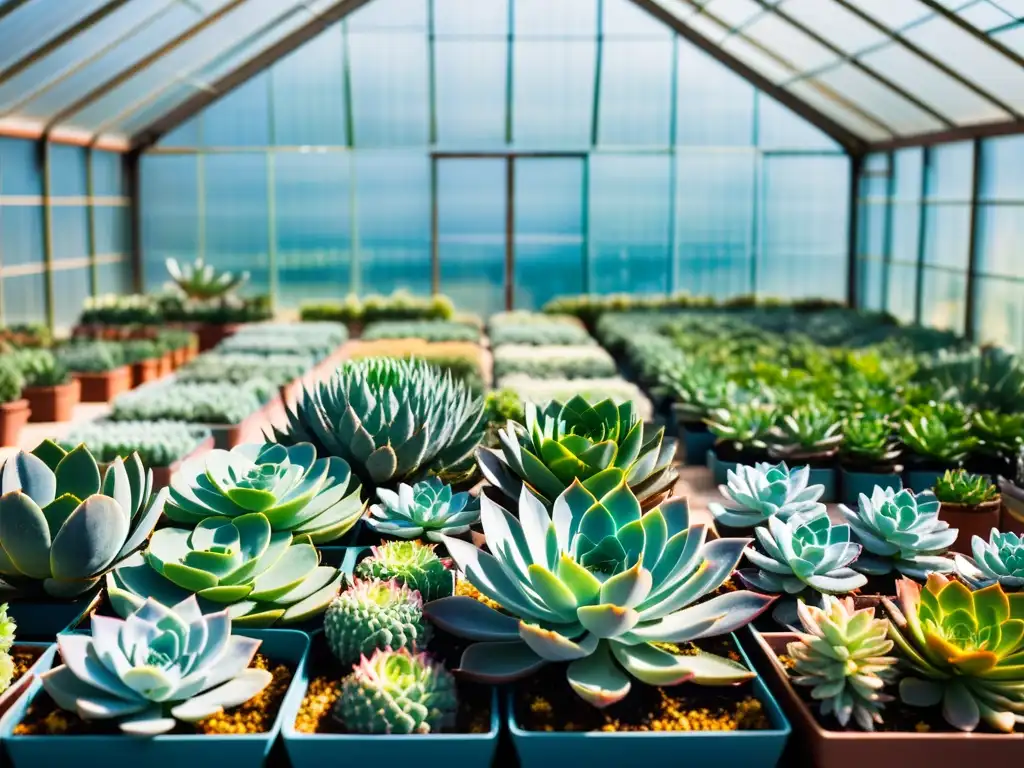 Un invernadero bañado por el sol con una variedad de suculentas vibrantes y diversas