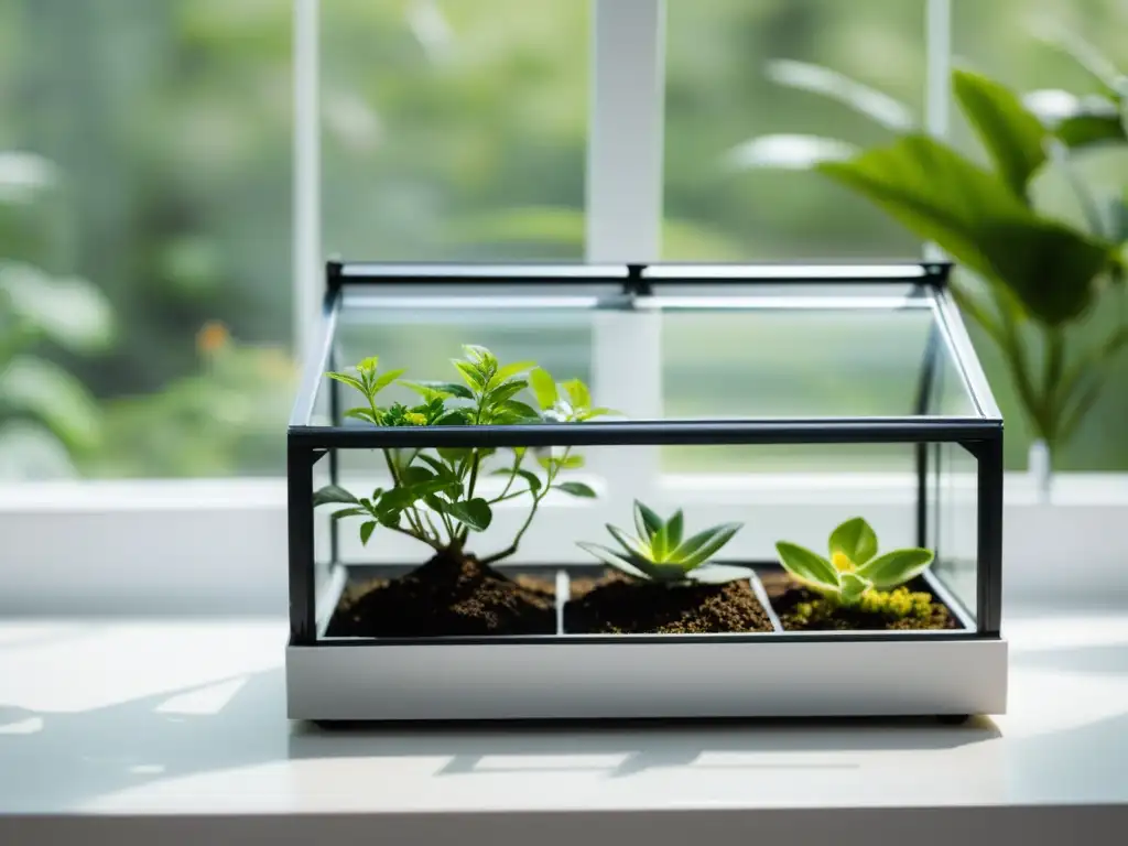 Un invernadero casero para plantas de cristal y metal, con plantas en macetas, en una atmósfera serena y elegante