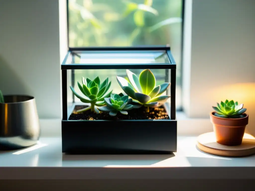 Un invernadero casero para plantas de cristal en una soleada repisa, bañado por la luz del sol y lleno de plantas vibrantes y suculentas