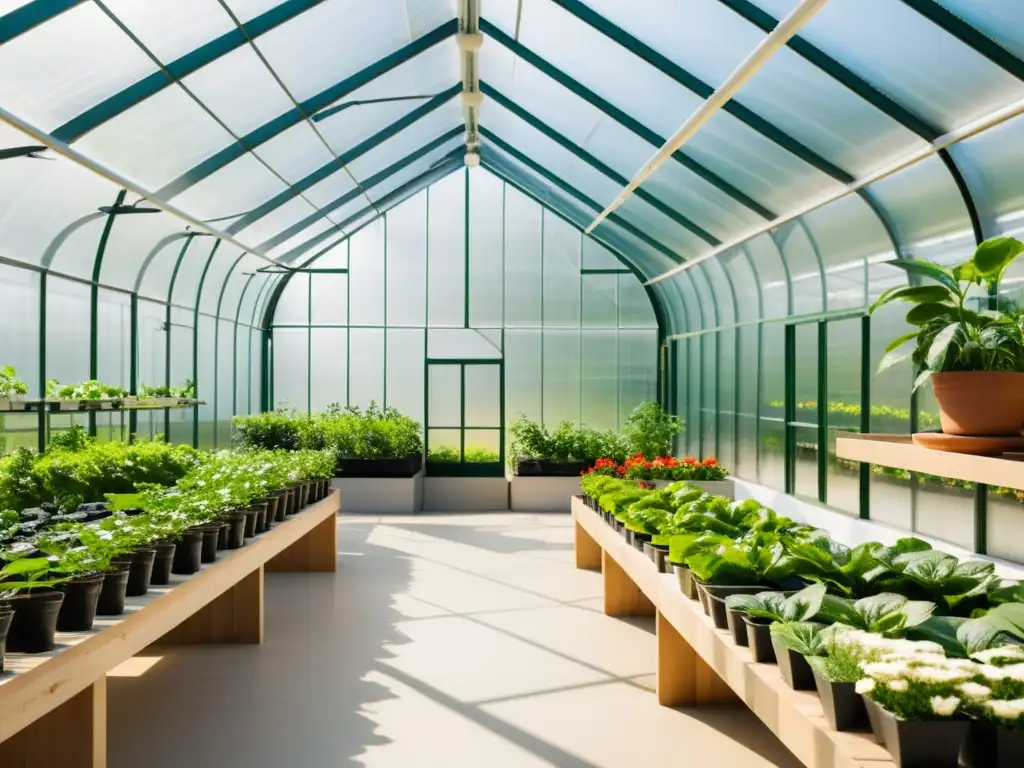 Un invernadero interior iluminado por el sol con plantas verdes exuberantes y organizadas en estantes