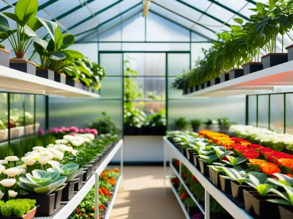 Un invernadero interior moderno y elegante con plantas exuberantes bañadas en luz natural