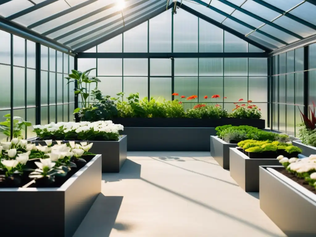 Un invernadero interior moderno y minimalista llena de plantas de clima frío en un ambiente ideal para su cultivo