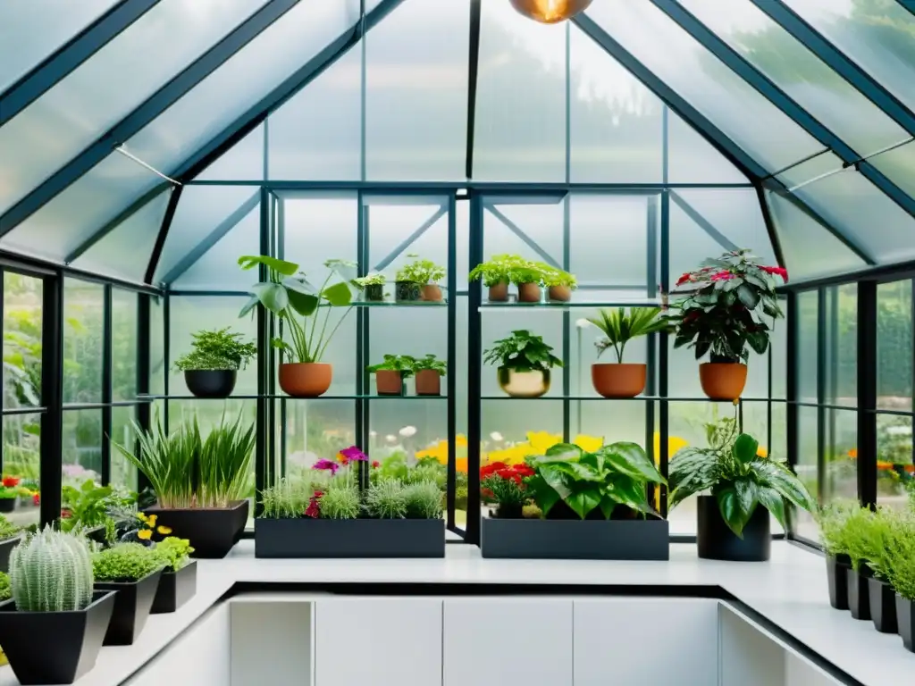 Un invernadero moderno con un ambiente ideal para plantas de clima frío, decorado con elegancia y repleto de exuberante vegetación y flores delicadas