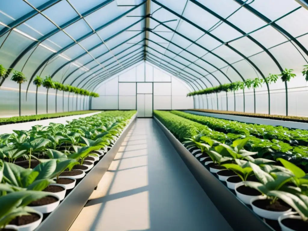 Un invernadero moderno con ventilación y temperatura para plantas de interior, bañado en luz natural con plantas exuberantes en filas ordenadas