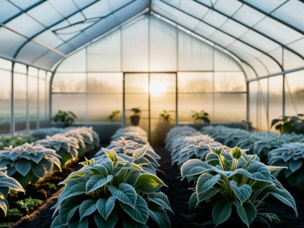 Un invernadero al amanecer con plantas cubiertas de escarcha, transmitiendo esperanza de recuperar planta afectada por frío