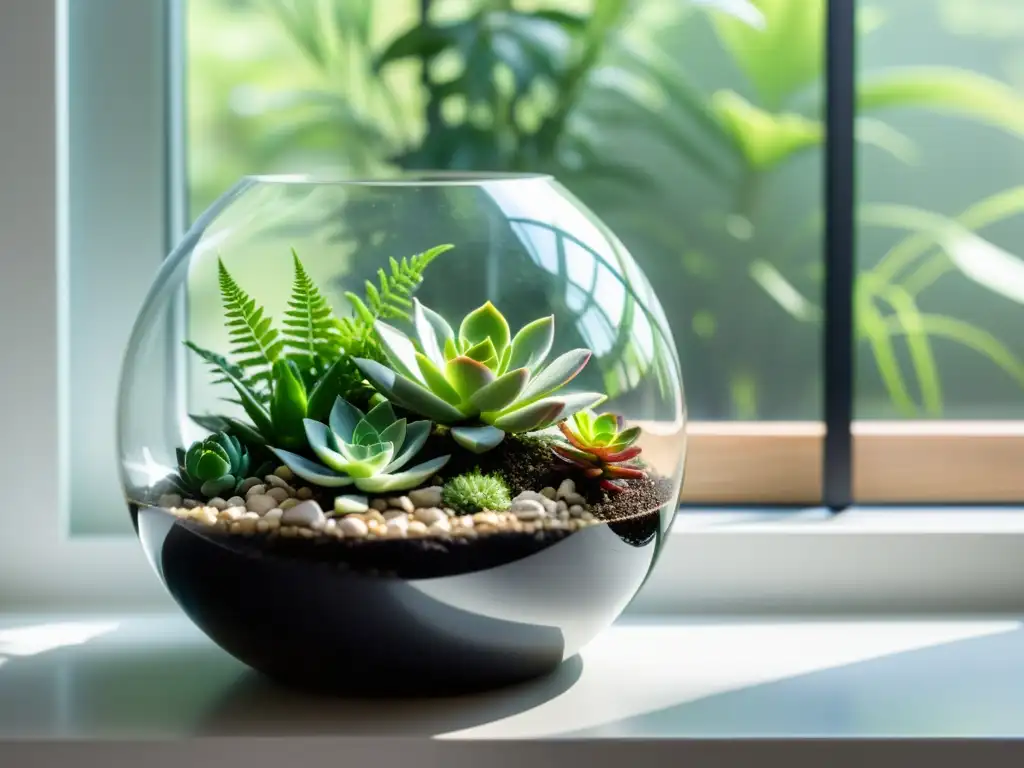 Invernaderos miniatura para apartamentos: Terrario de vidrio minimalista con suculentas y helechos, iluminado por el sol en un moderno alféizar blanco