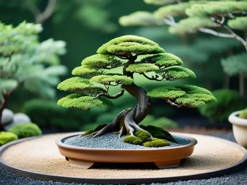 Un jardín japonés sereno con un bonsái cuidadosamente podado como pieza central, evocando equilibrio y armonía